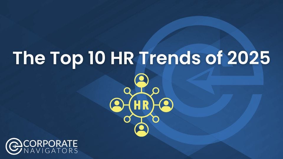 The top 10 HR trends of 2025 blue and white background